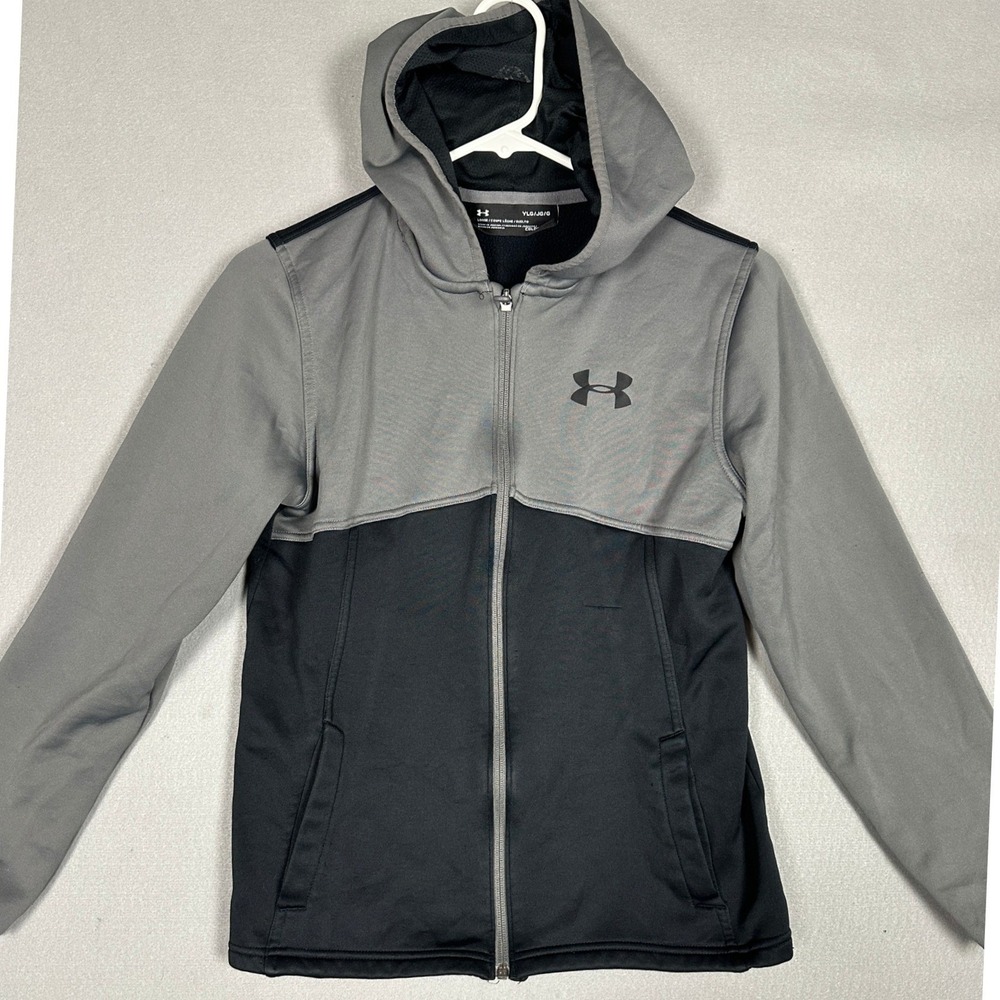 Under Armour Storm Hoodie Boys Youth Large Grey Black Full Zip Fleece Colorblock